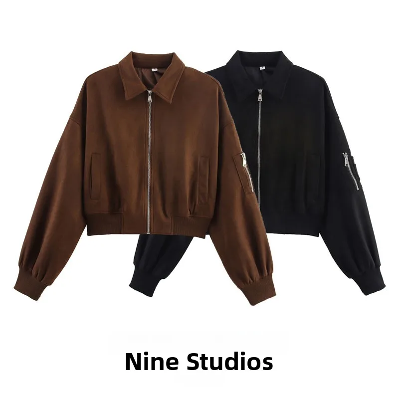 

Nine Za Women's Suede Flight Jaet Loose Top Zipper Side Flip Collar Outerwear European Sle Spring Season Ladies Faion