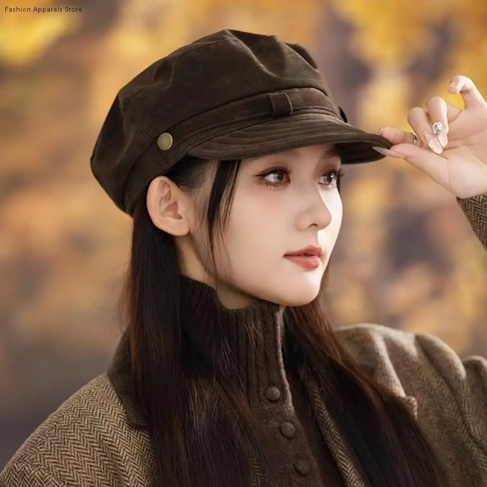 

Fashion Short Brim Suede Berets Warm Windproof Newsboy Hat Korean Style Flat Top Painter Hat Daily