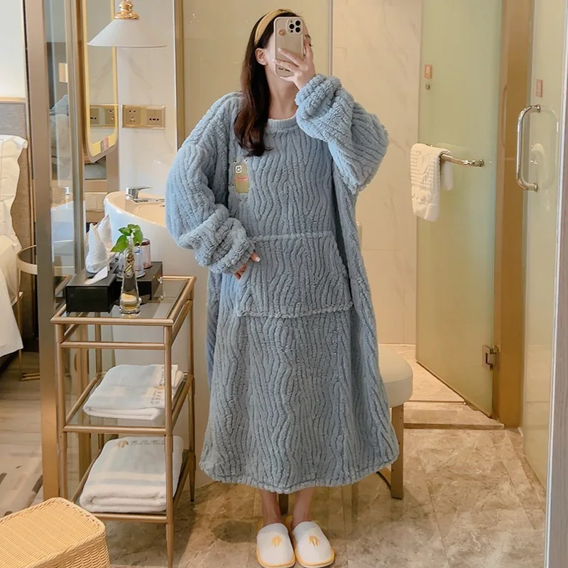 Plus Size 5XL Flannel Nightdress Pullover Night Dress Cute Cartoon Pocket Design Sleepwear 100kg Pregnant Woman Home Clothes