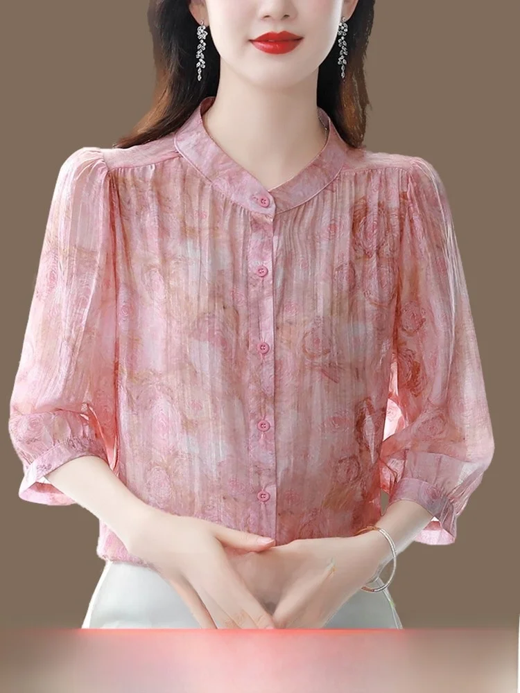 

Silk Blend Women's irt Summer Loose Fit Floral Print Chiffon Top Five-Quarter Sve Stand Collar Button down Ele