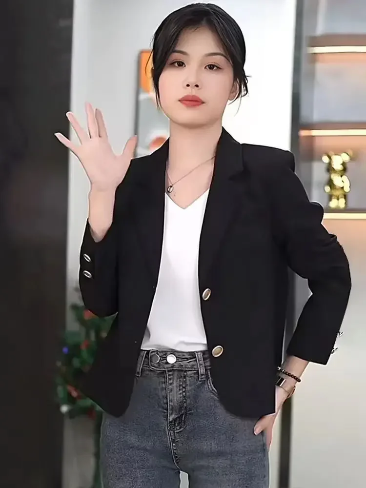 Gekerfde blazers Dames Kantoor Dame Basic jassen Bijgesneden Herfst Ulzzang Definieerd Minimalistisch Vintage 3-kleuren Dagelijks Populaire bovenkleding