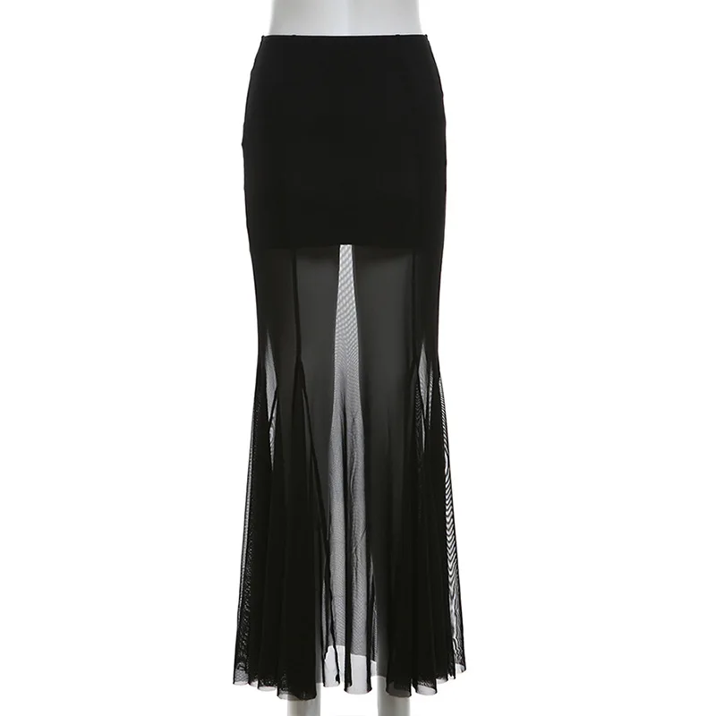 SKMY 2025 Autumn New Women Clothing Wrap Hip Slimming Perspective Solid Color Black Skirts Pleated High Waist Mesh Long Skirts