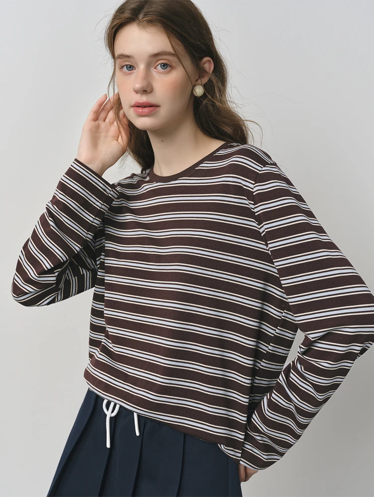 FSLE 2025 New Women Retro Color Block Striped T-Shirt Classic Round Neck Long Sleeve Basic Vintage Oversized Chic Streetwear Top