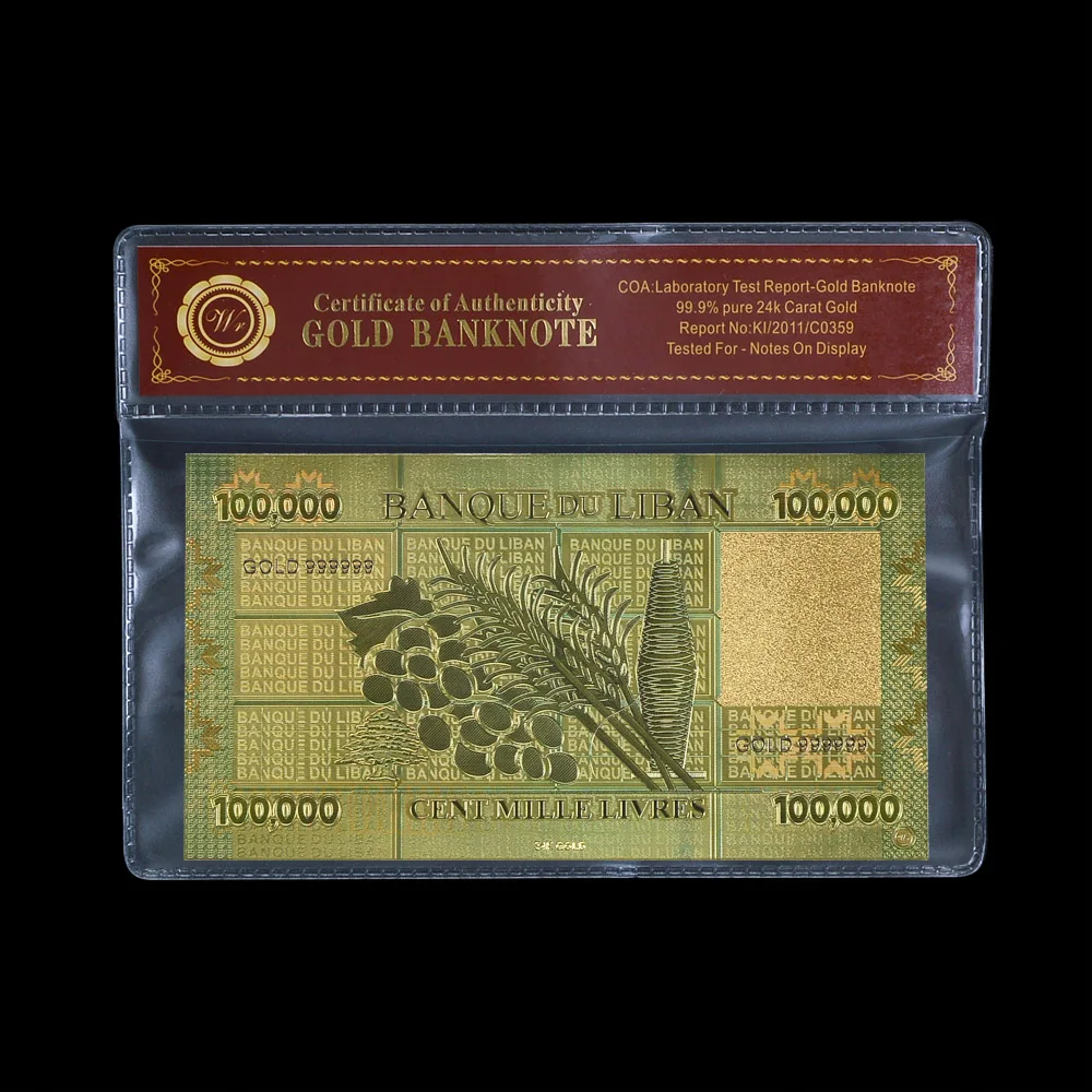 Gold Color Foil Lebanon Pound 100000 Commemorative Banknote with Frame Challenge Banknotes Souvenir Business Gift for Collection