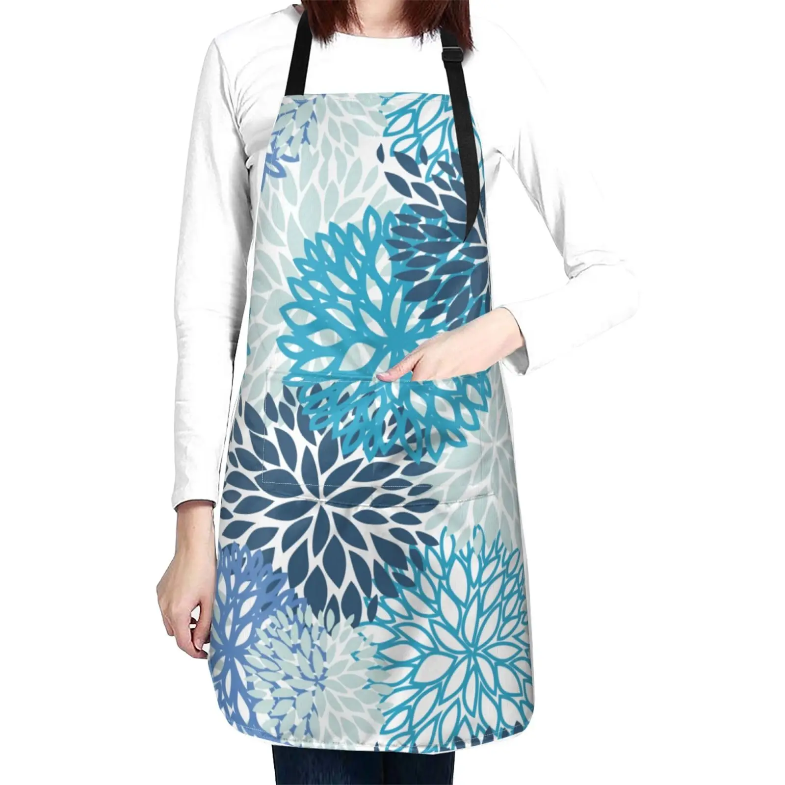 Chrysanthemum Flowers (Aqua Blue) Waterproof Apron With 2 Pockets Daisy Floral Kitchen Chef Aprons Bibs For Cooking