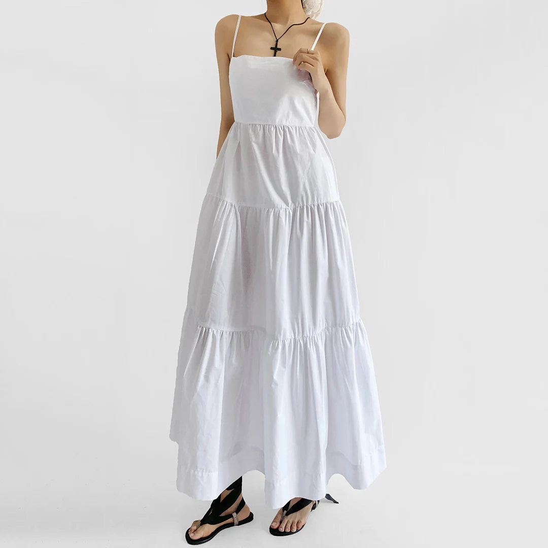 Vestido maxi feminino de algodão em camadas – alças cruzadas nas costas saia em camadas vestido de praia branco de verão