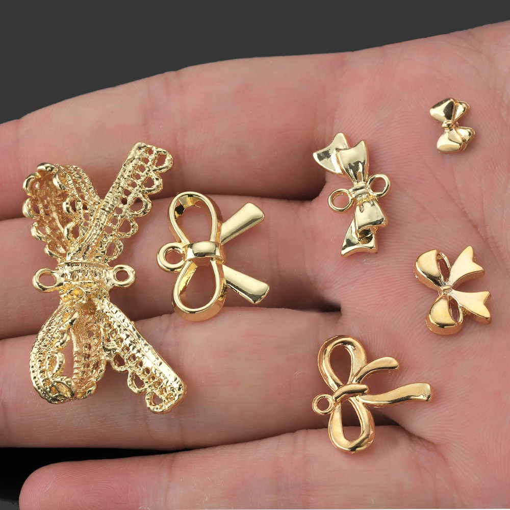 10pcs Gold Plated Bow Knot Charms Necklace Pendants Brooch Hairclip Decor Accessories for DIY Jewelry Making Crafts Supplies