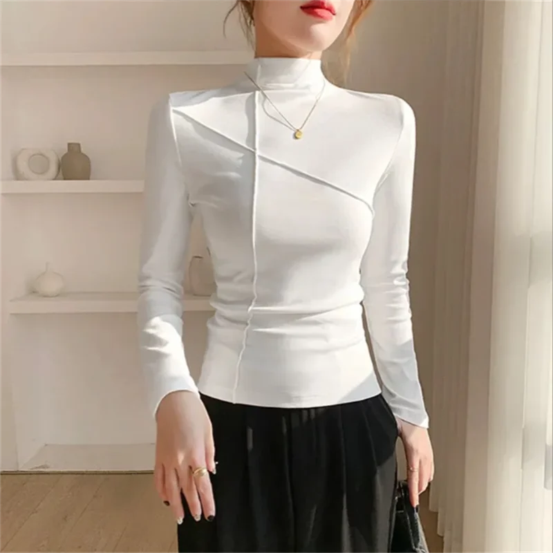 عالية الرقبة قاعدة التي شيرت المرأة بلوزة تي شيرت كم طويل سليم الراقية قمة الخريف الشتاء عادية أنثى تي شيرت بلون تيز #1