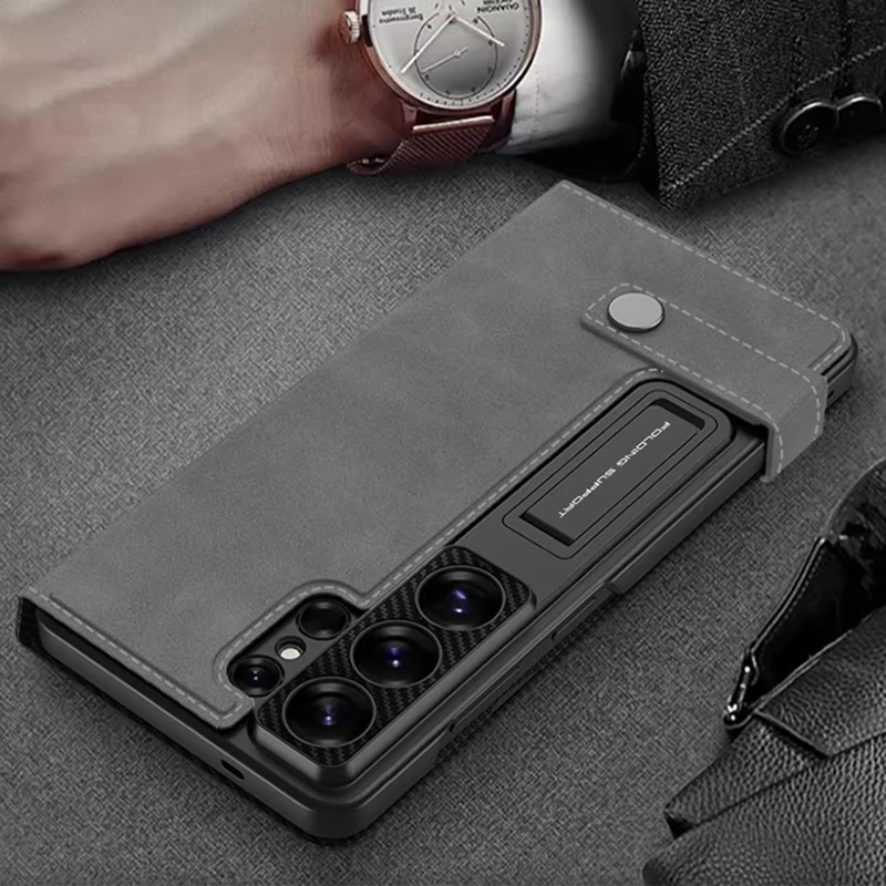 Frosted Leather Fold Wallet Case For Samsung Galaxy S26 Ultra Card Slot Stand Shockproof Plastic Cover For Galaxy S25 Ultra Case