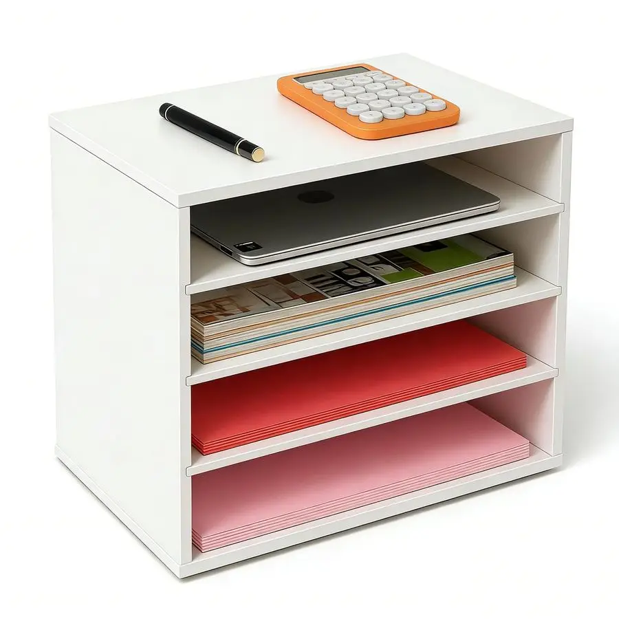 

4-уровневый регулируемый органайзер для бумаг, настольный органайзер большой вместимости для учебников, журналов, офисных файлов, деревянные разделители, вес 7 фунтов.