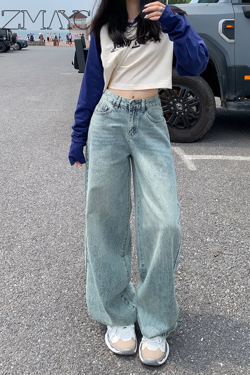 ZMAYC Women's Retro Style Vintage Straight Jeans Loose High Waist Denim Pants Female Wide Leg Trousers Comfortable Casual Pants