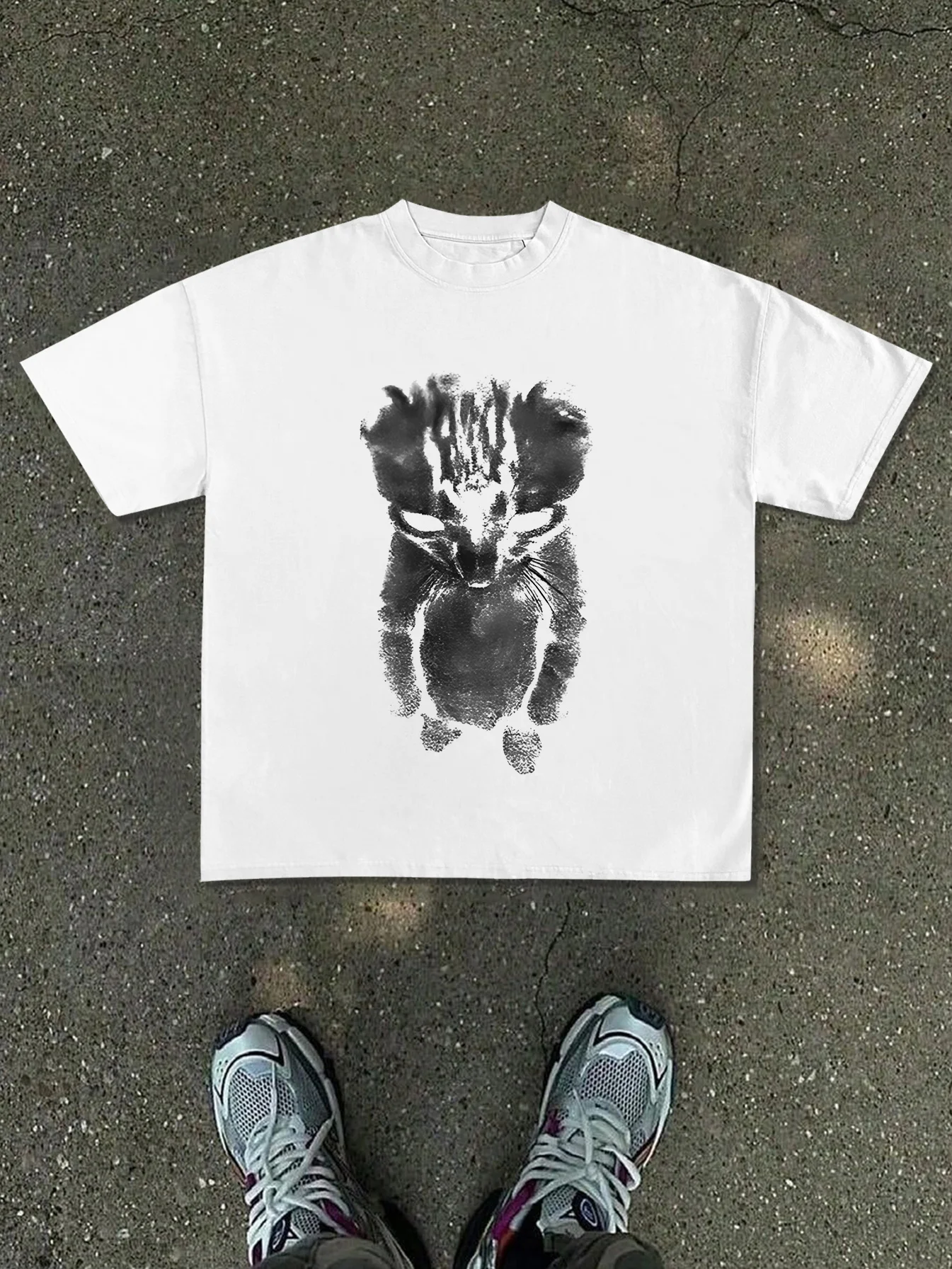 2026 Summer Men's Black and White Halftone Cat Print Tshirt Cotton Casual Stylish Streetwear Oversized Suitable for Any Occasion