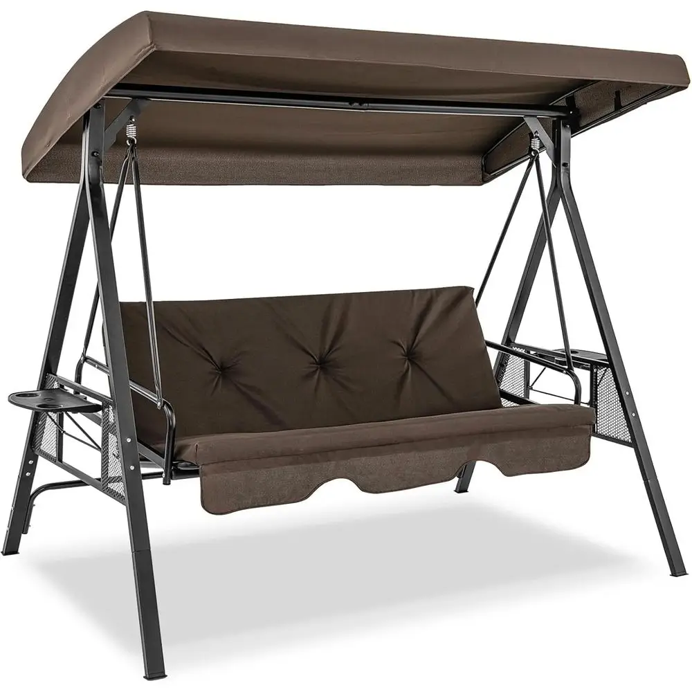 

3-Person Convertible Patio Swing Bed with Cushions, 2 Cup Holders, Adjustable, Up to 1000 lbs Capacity, Brown