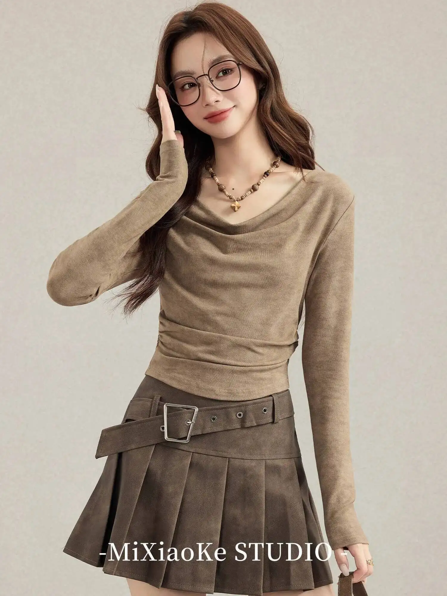 

Women's Long Sleeve T-shirt Skirts Two Pieces Set 2026 Spring Maillard Vintage Coffee T Shirt Draped Collar Slim Fit Top