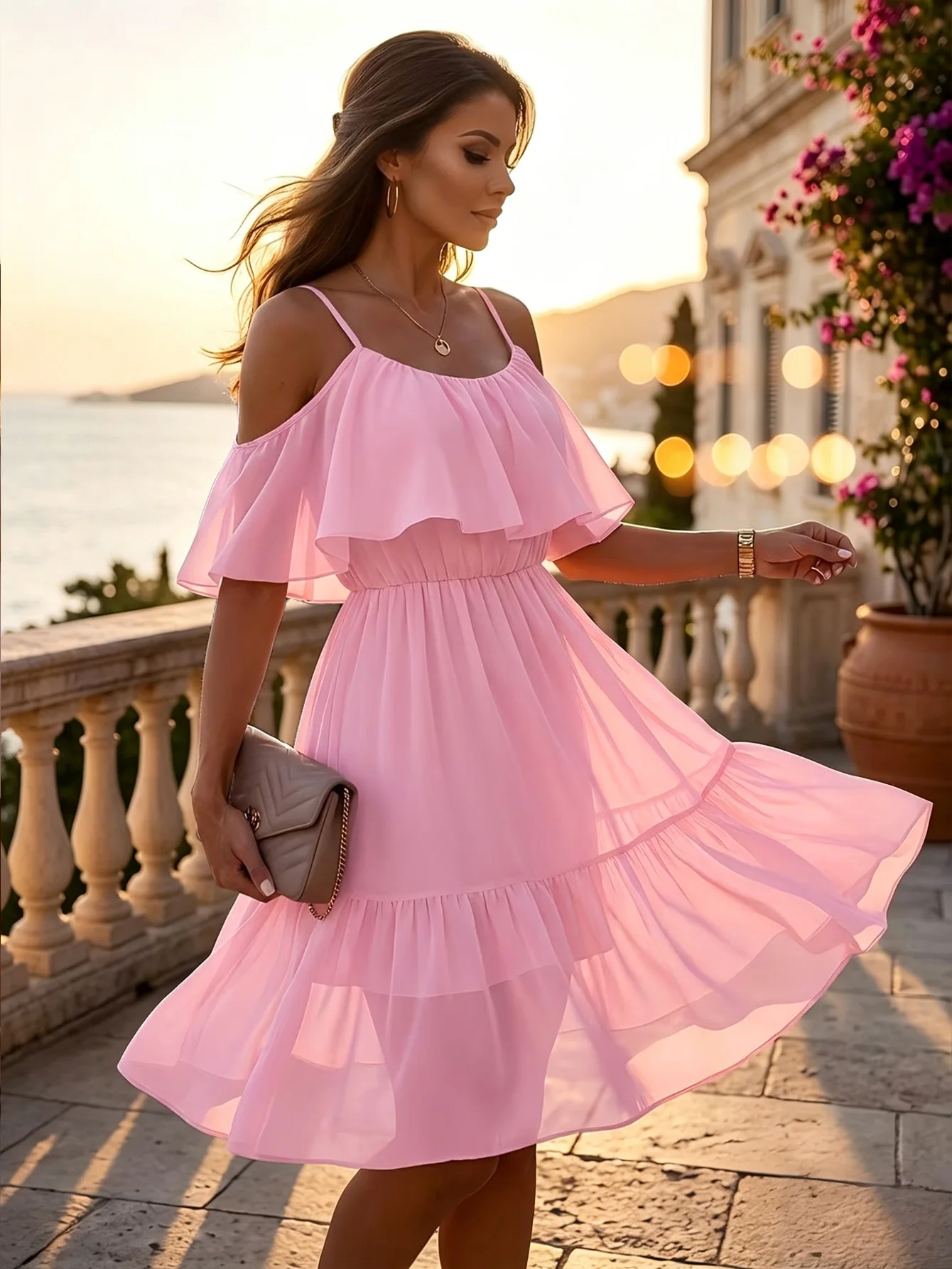 Women Cold Shoulder Spaghetti Strap Mini Dress Ruffle Layered Chiffon Elastic Waist Flowy Tiered Summer Beach Sundress