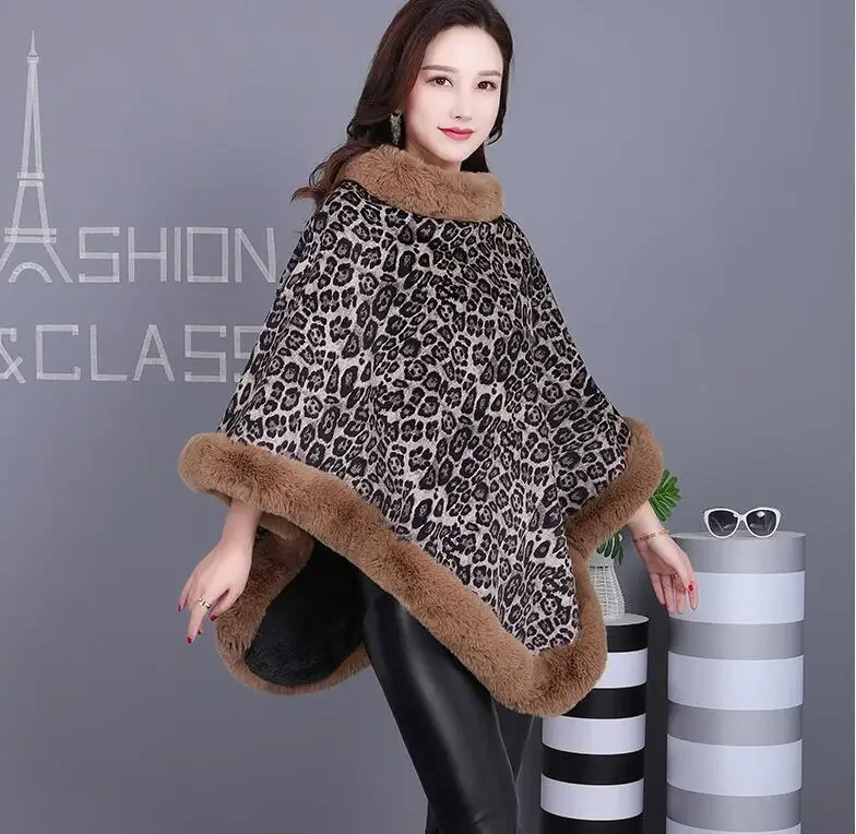 2024 Winter Warm O Neck Faux Rabbit Fur Thick Cloak Women Leopard Print Shawl Capes Plush Poncho Plus Size Velvet Pullover Coat