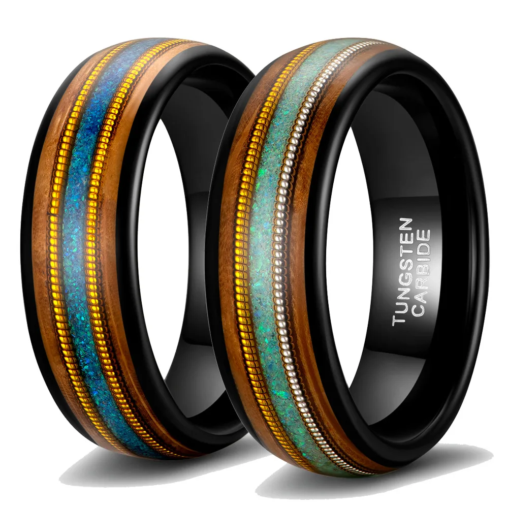 New In Ring 8mm Width Tungsten Carbide Rings for Man Inlay Natural Whiskey Wood&Opal with Gold/Silver Guitar Strips Size 7-13