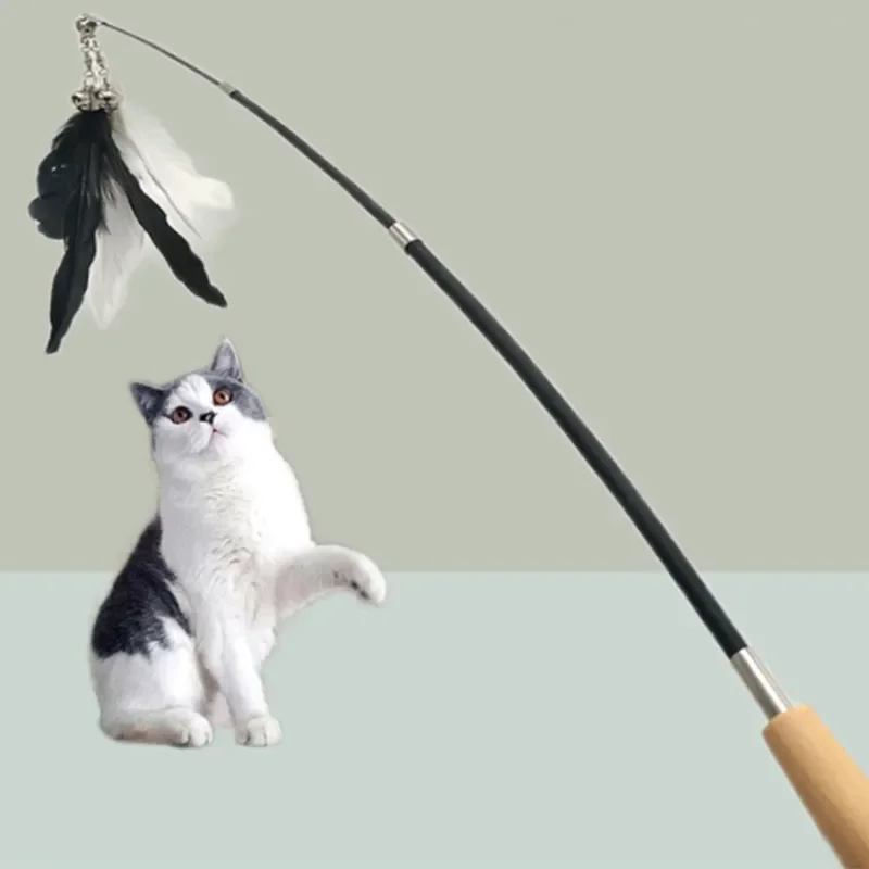 New fairy teaser stick three-section wooden handle retractable toy carbon fiber black and white feather teaser