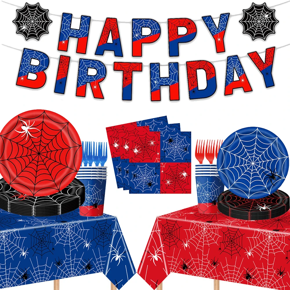 Spinnenpartyzubehör, rotes und blaues Spinnennetz, Geburtstagsbanner, Pappteller, Servietten, Tischdecke für Partydekorationen mit Spinnenmotiv