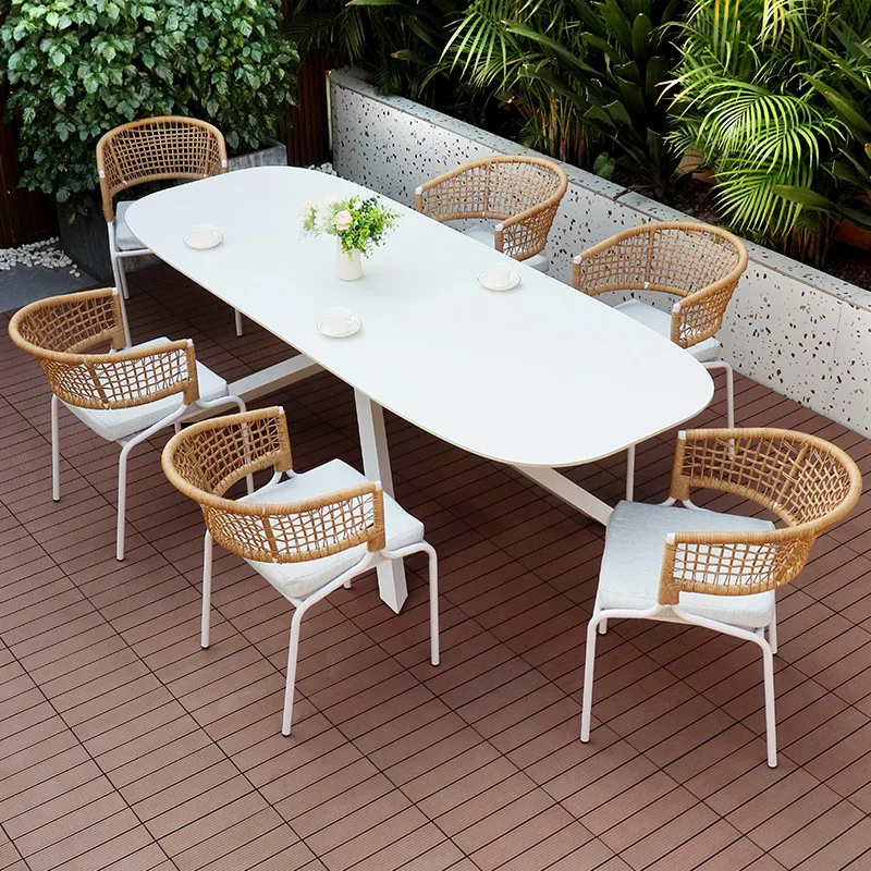Rock slab dining table and chair combination outdoor garden plastic wood table open-air balcony leisure rattan chair