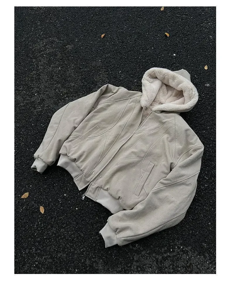 American 2000s Vintage Subculture Khaki Wool Liner Plush Warm Pocket Hoodie Jacket For Men And Women Retro Fashion Quilted Coats