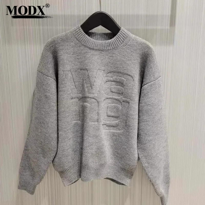 [MODX] 2023 Autumn/Winter New Loose And Fashionable Long Sleeved Letter Pullover Woolen Knitwear Bottom Top For Women