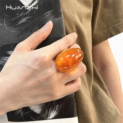 HUANZHI Brown Transparent Resin Big Ring Elegant Geometric Oval Vintage Chunky Large Jewelry Gift for Women Girls 2023 New