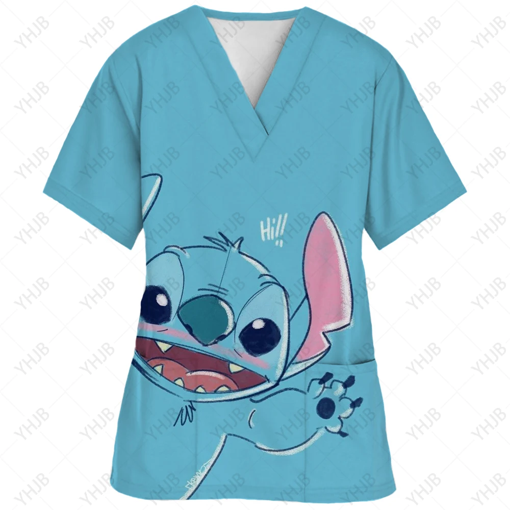 Nurse Uniform Women\'s Solid Color Disney Stitch Printed Top Uniform Short Sleeve Pocket Medical Female Nurse Uniform