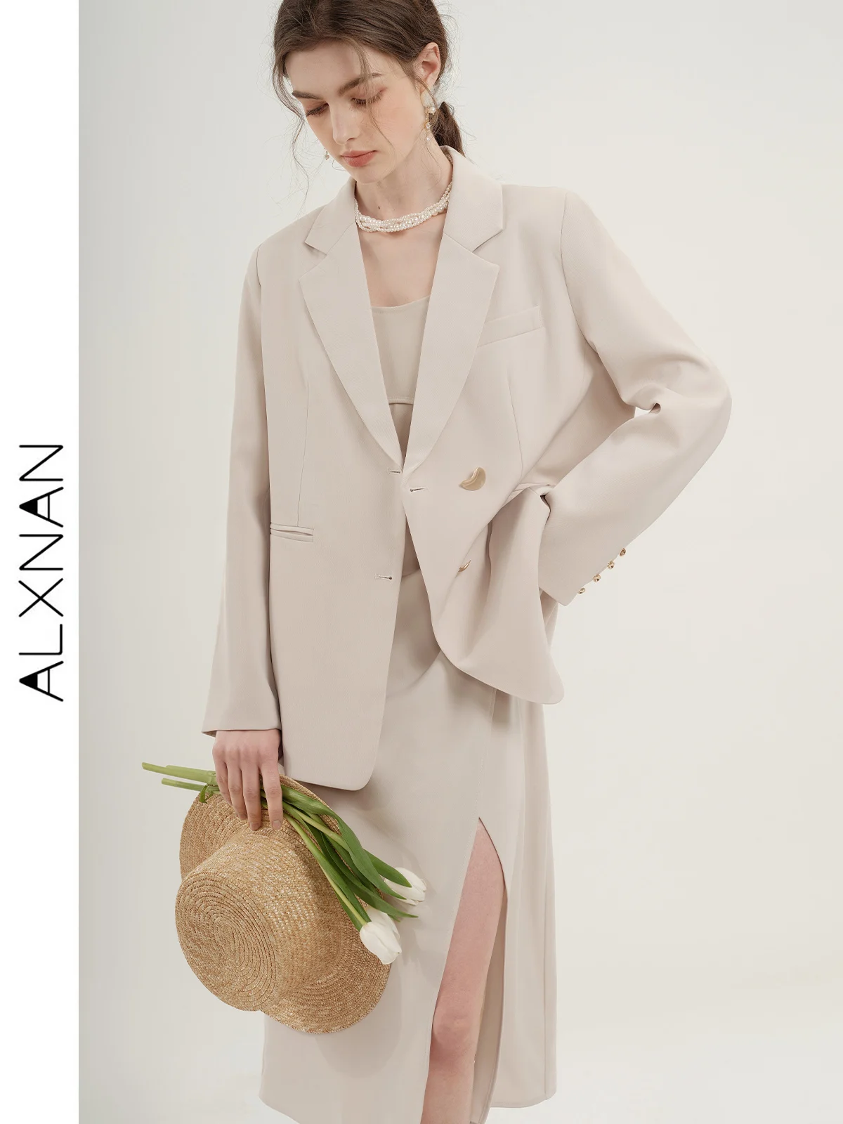 ALXNAN Vrouwen Blazers 2024 Lente Nieuwe Elegante Leisure Solid Lange Mouwen Mode Luxe Loose Fit Jas Dameskleding LXN 287105