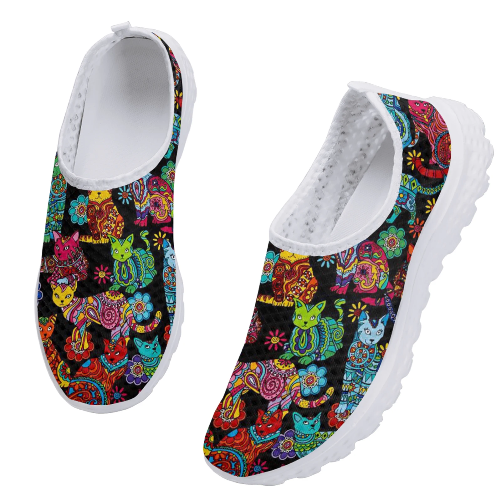 INSTANTARTS Colorful Cartoon Cats Printed Spring Summer Mesh Sneakers Women Casual Flats Super Light Walking Female Flat Shoes