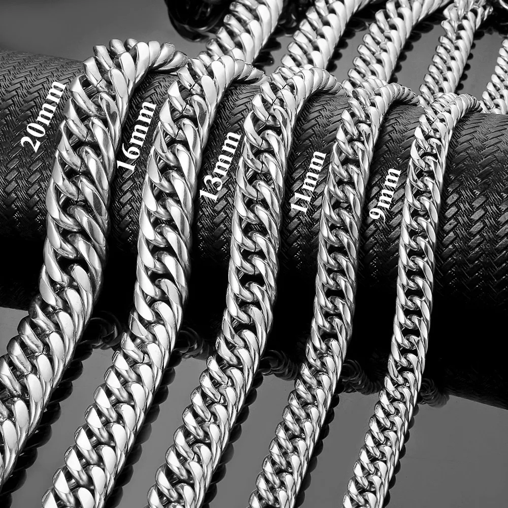 Granny Chic 9/11/13/16/20/22mm Stainless Steel Necklace  Curb Cuban Link Silver Color Mens Boys Chain Fashion Jewelry