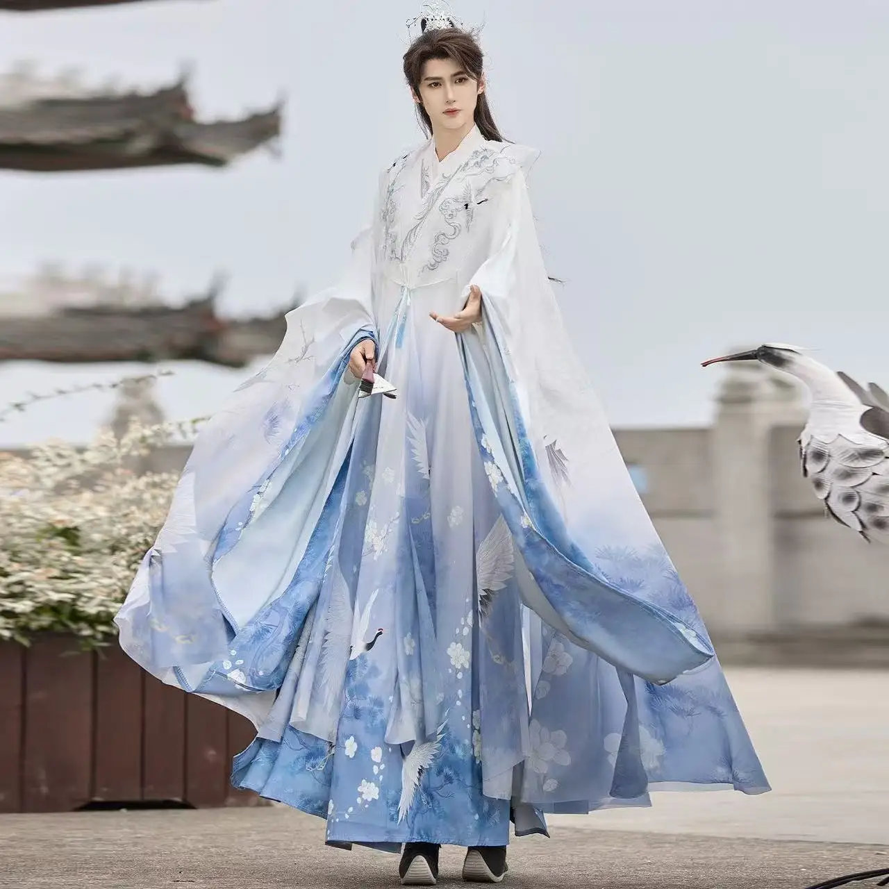 

Оригинальный принт журавля Hanfu для мужчин и женщин, традиционный длинный халат династии Мин, Хэллоуин, фея, одежда для косплея, большой рукав