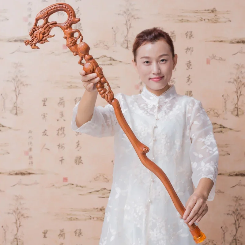 

Трость из персикового дерева, кран, костыль, трость для пожилых людей, резьба по цельному дереву.