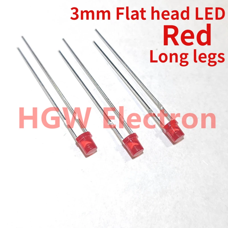 100pcs 3mm Flat head Red Long legs LED light-emitting diodes F3 cylindrical Flat head colloid Red Indicator light LED 2 pin