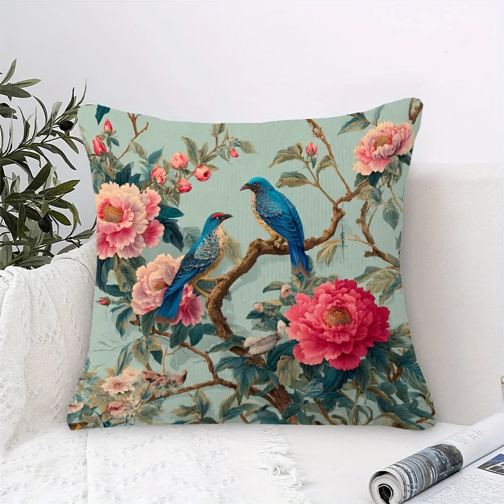 1pc Blue Bird Pillow Cover, Polyester 2D Double-Sided Print, Soft Mint Green Peony Floral Design, Elegant Botanical Accent