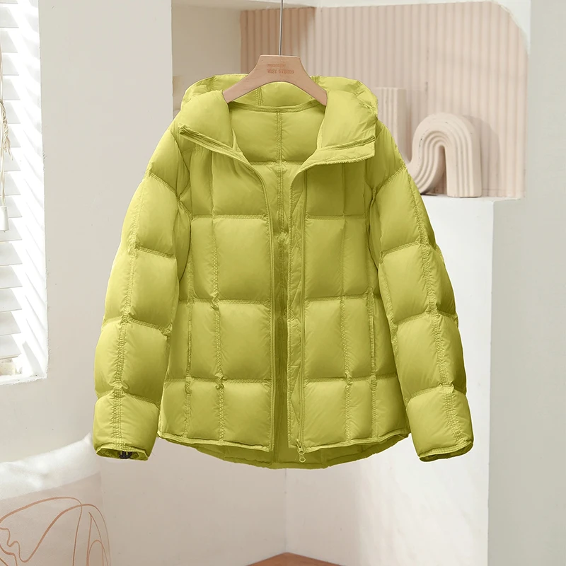 レディース新作フード付きホワイトダックダウンジャケット2025冬韓国版ゆったりショート厚手パフダウンコート女性無地カジュアルコート