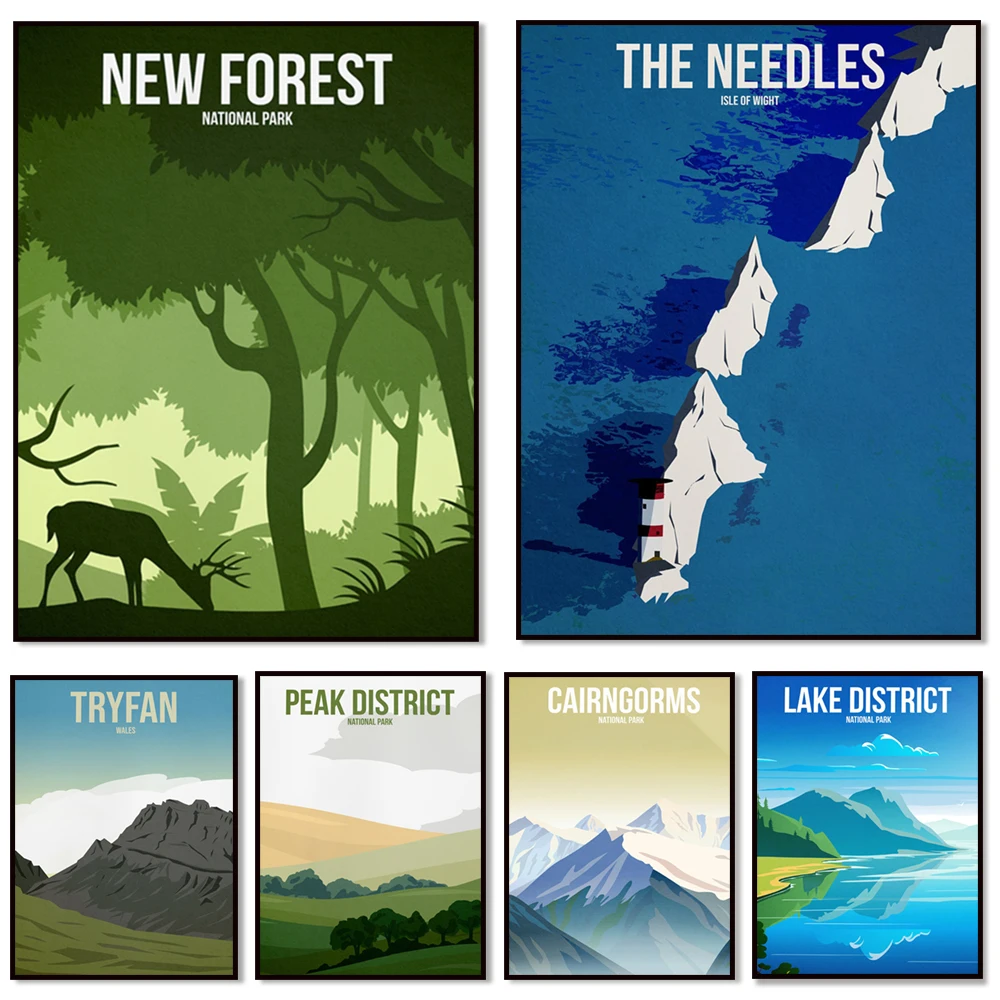 British National Park Tourist Poster Snowdon-Ben Nevis-Scafell Pike-Cairngorms-Peak District-Lake District British Mountains