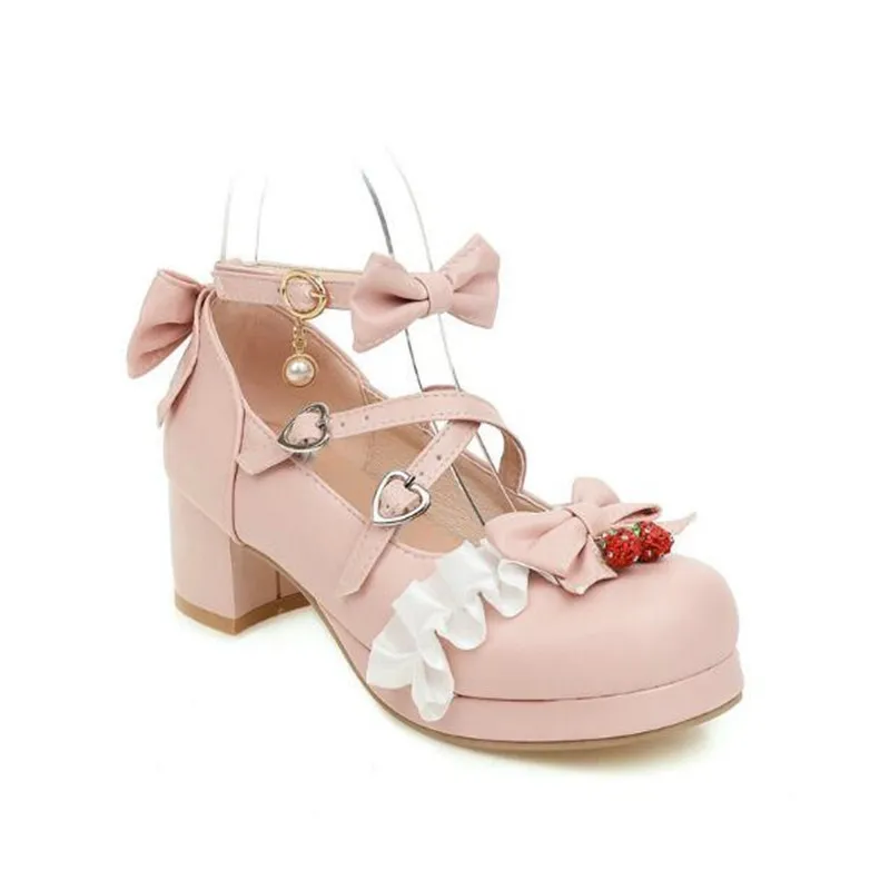 Girls Leather Shoes Women High Heels Mary Jane Shoes Party Wedding Cosplay White Pink Ruffles Bow Princess Lolita Pumps 43