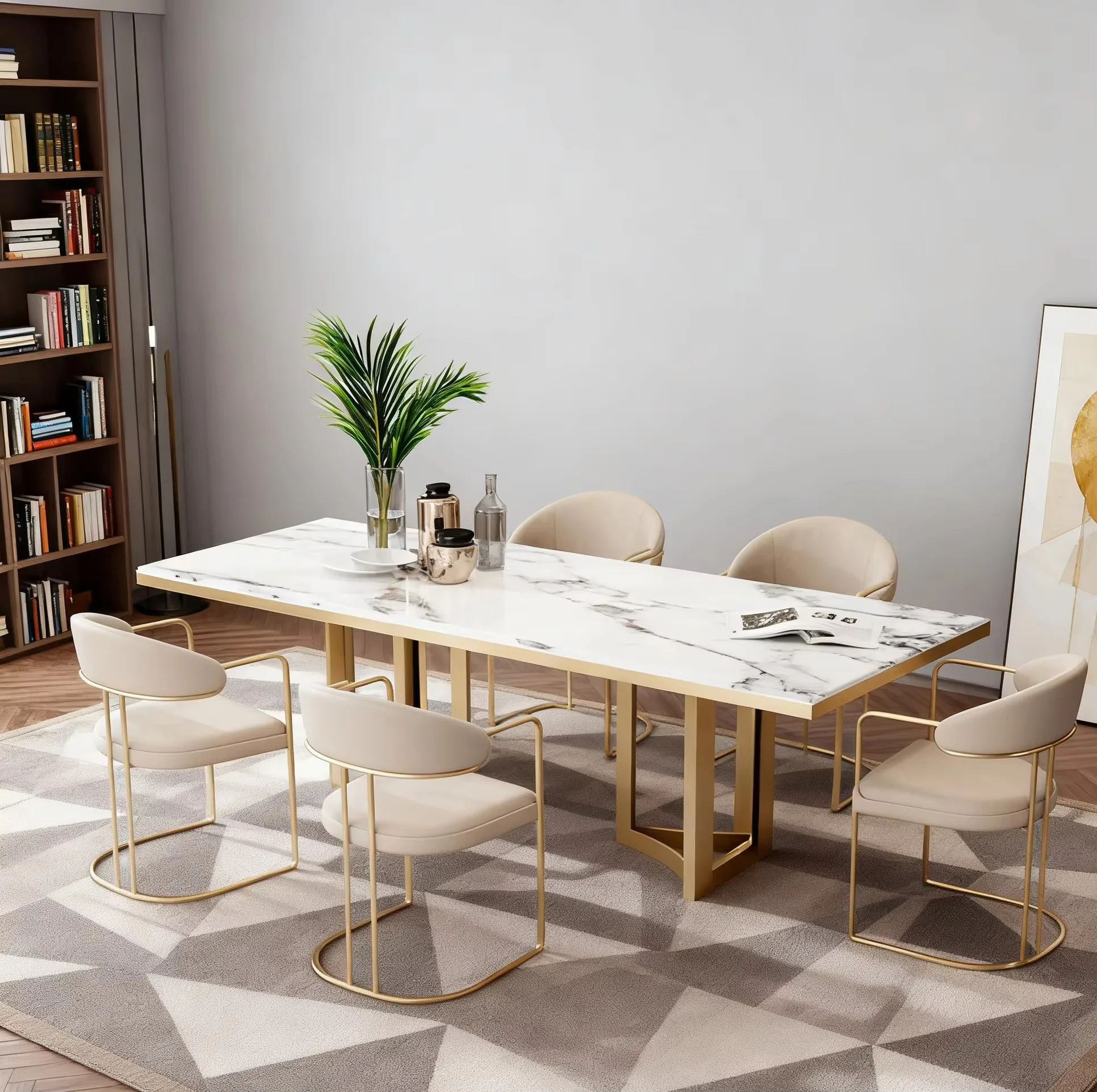tp-Modern Luxury Gold Stainless Steel Dining Table with Marble Top Dining Room Furniture Dining Table Set@