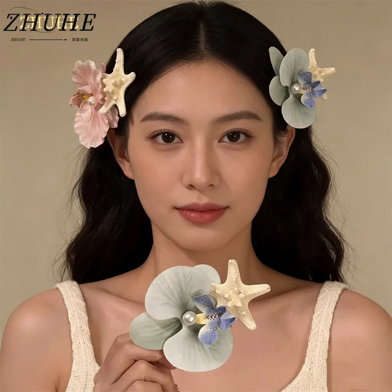 

Boho Ocean-Inspired Hair Clips – Copper Jewelry Accessories for Women & Men, Orchid & Starfish Floral Design with Pearl Accents