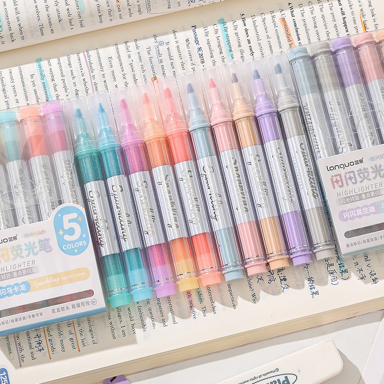 5pcs Highlighter Pens Set Mild Colors Morandi Soft Chisel Brush Tip Fluorescent Markers Hued & Sparkling Protect Vision F3100