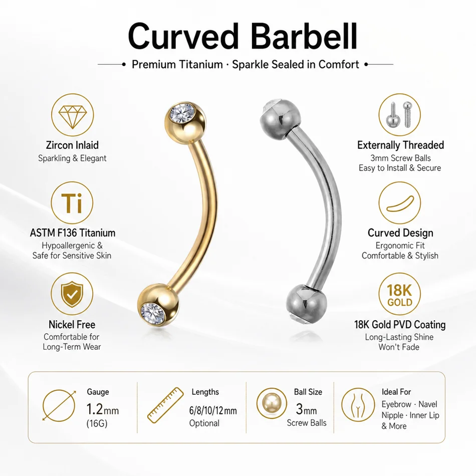 1pc 10pc 16G Zircon G23 Titanium Curved Barbell Eyebrow Ring Ear Cartilage Helix Tragus Earring Bridge Lip Piercing Body Jewelry