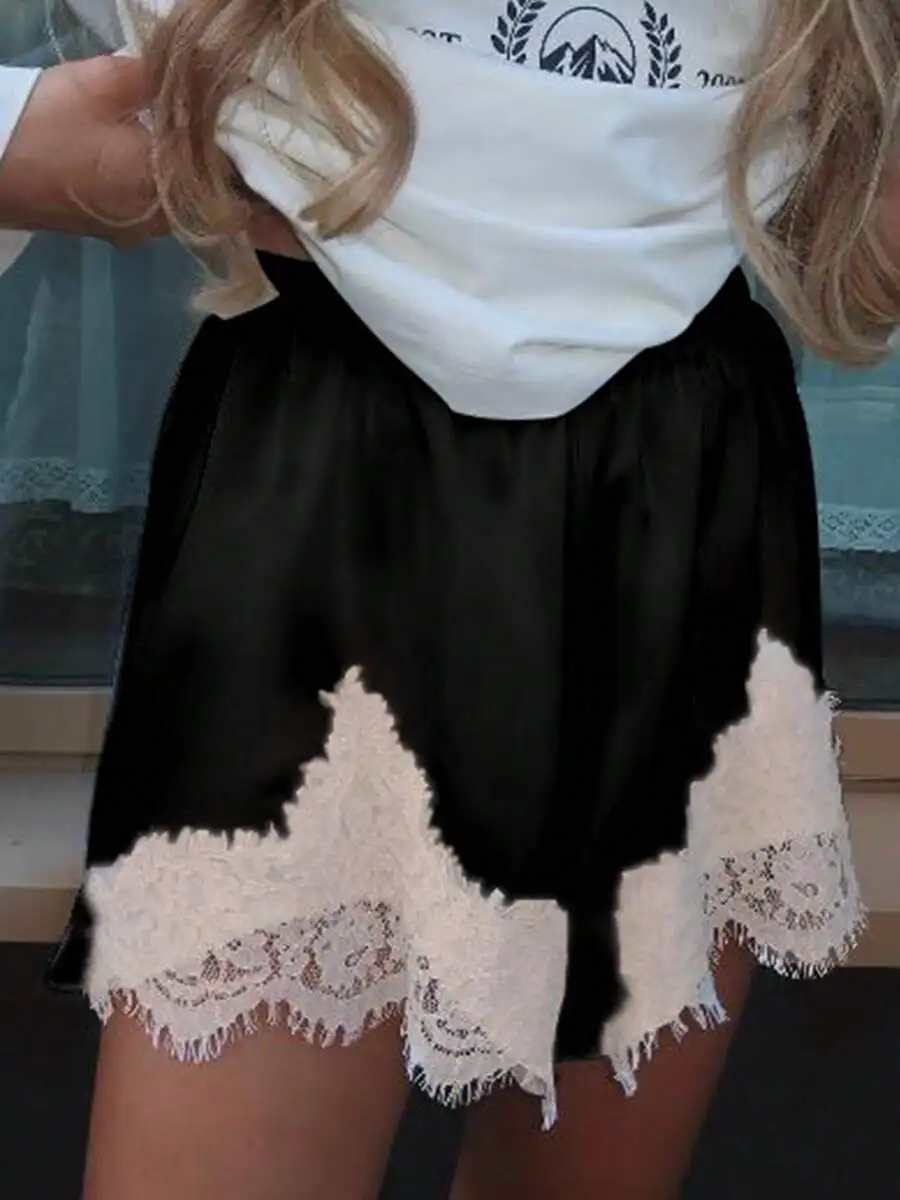 Silky Lace Trim Floral Pajama Shorts for Women