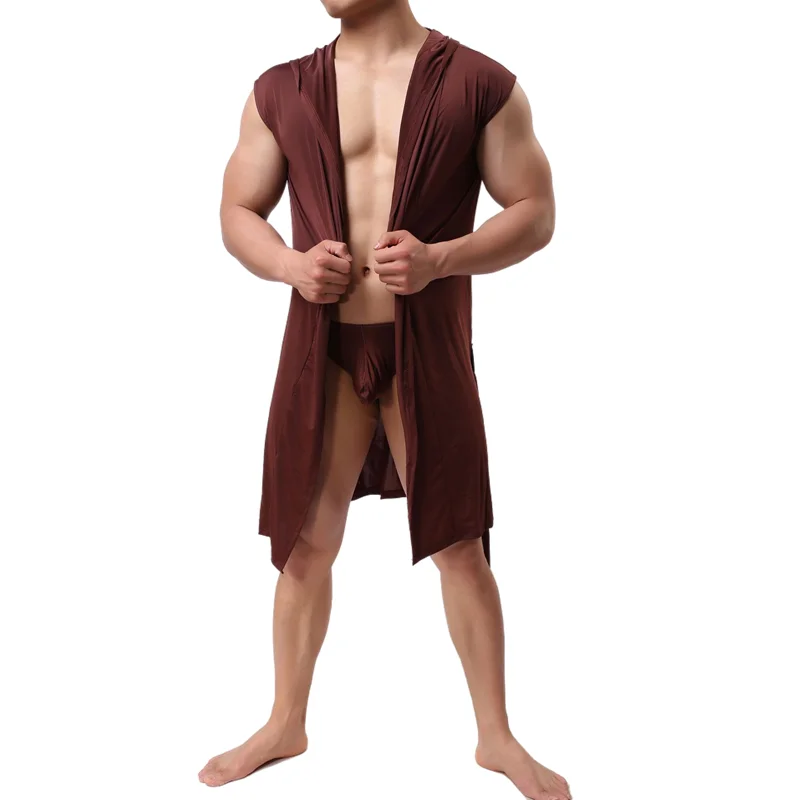 Hooded Bathrobe Men\'s Underwear Silk Soft Gown Pajamas Men Robes Plus Size Sexy Sleepwear Kimono Gay Wear