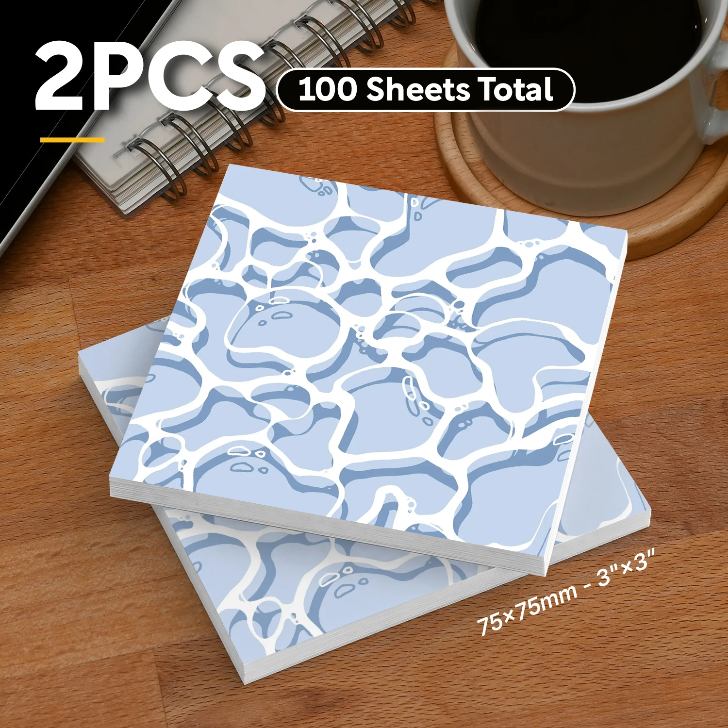 2pcs Blue Water Pattern Sticky Notes, 100 Sheets Total, 3x3 Inch Self Stick Memo Pads, Cute Square Sticky Note Pads, Removable
