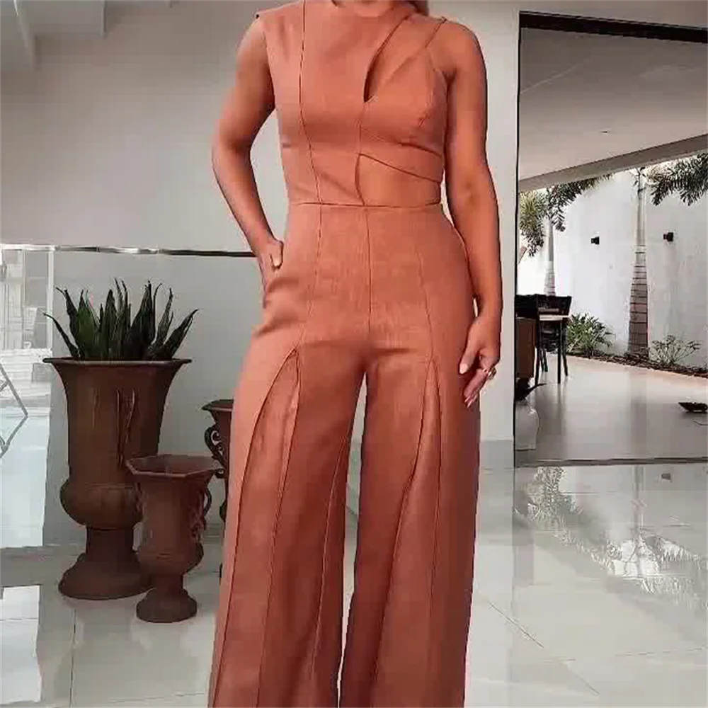 Elegant Solid Hollow Out Jumpsuits for Women 2024 Summer O Neck Sleeveless Asymmetrical High Waist Office Lady Jumpsuit