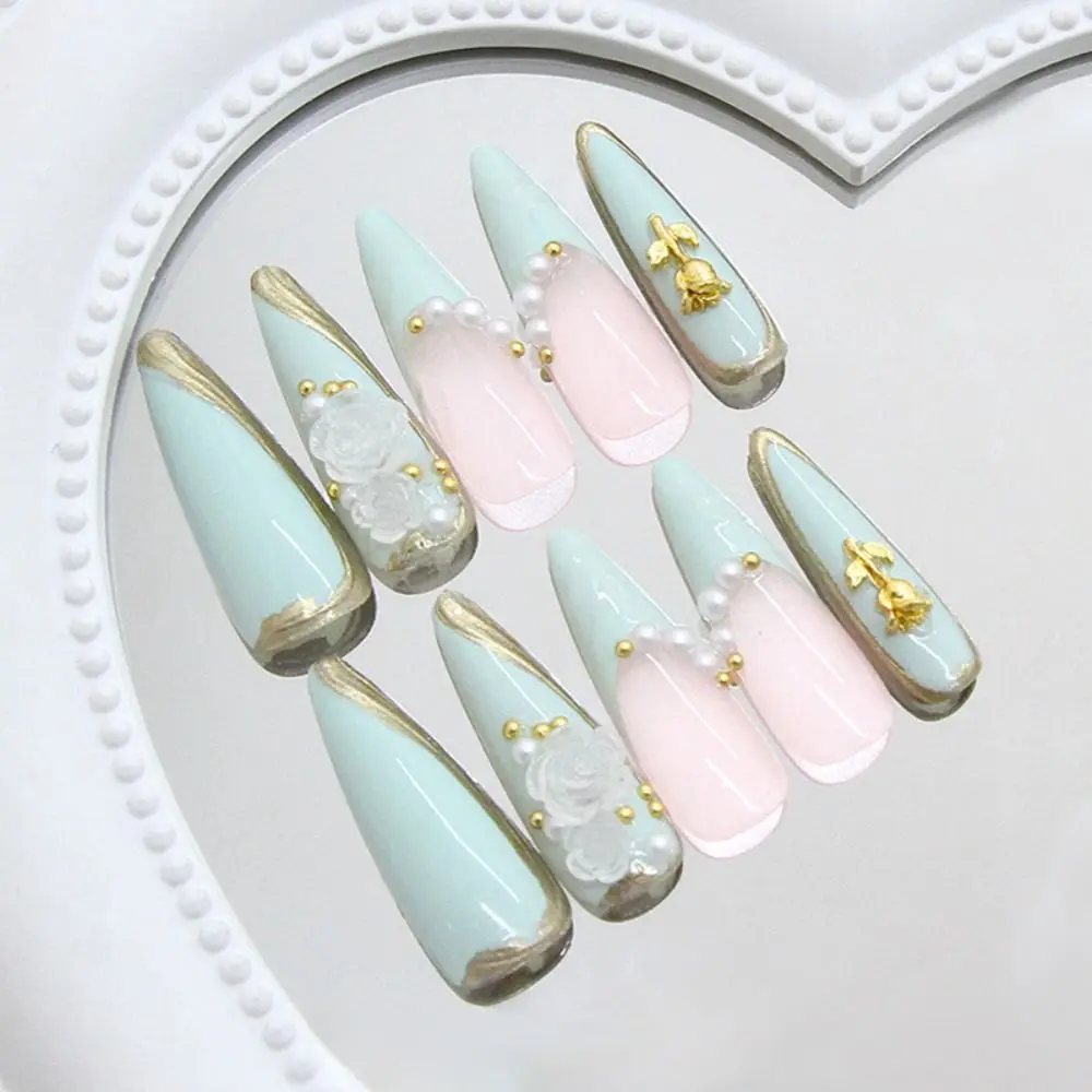 24pcs Manicure Long Almond Stiletto False Nails French Green Wavy Press on Nails Cool Rose Detachable French Nail Tips Women