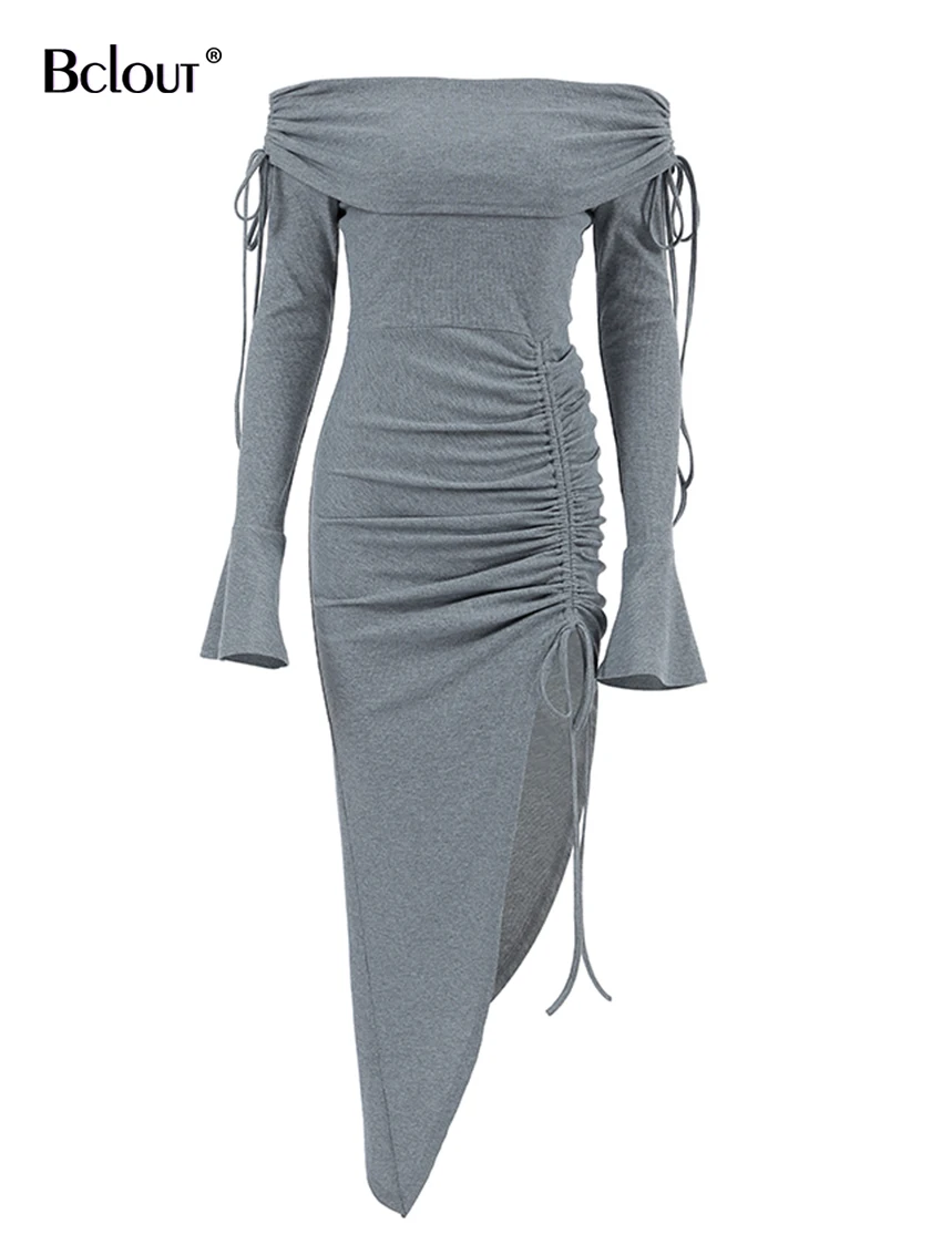 Bclout Autumn Gray Knitted Long Dress Women Fashion Drawstring Off Shoulder Sexy Dresses Elegant Long Sleeve Party Dress Female