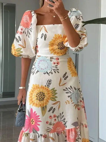 Vestido largo elegante con cuello cuadrado y manga de burbuja para mujer, vestido bohemio estampado con patrones a la moda, vestido de fiesta informal con cintura acampanada para verano