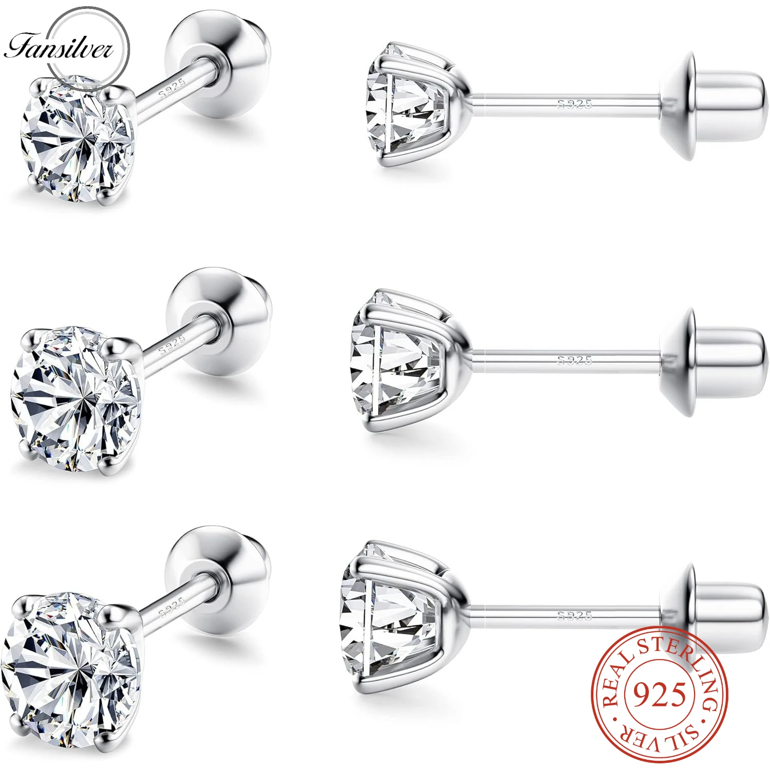 

Fansilver 925 Sterling Silver Stud Earrings 18K White Gold Plated Earring for Women Hypoallergenic CZ Earrings Studs 3MM 4MM 5MM